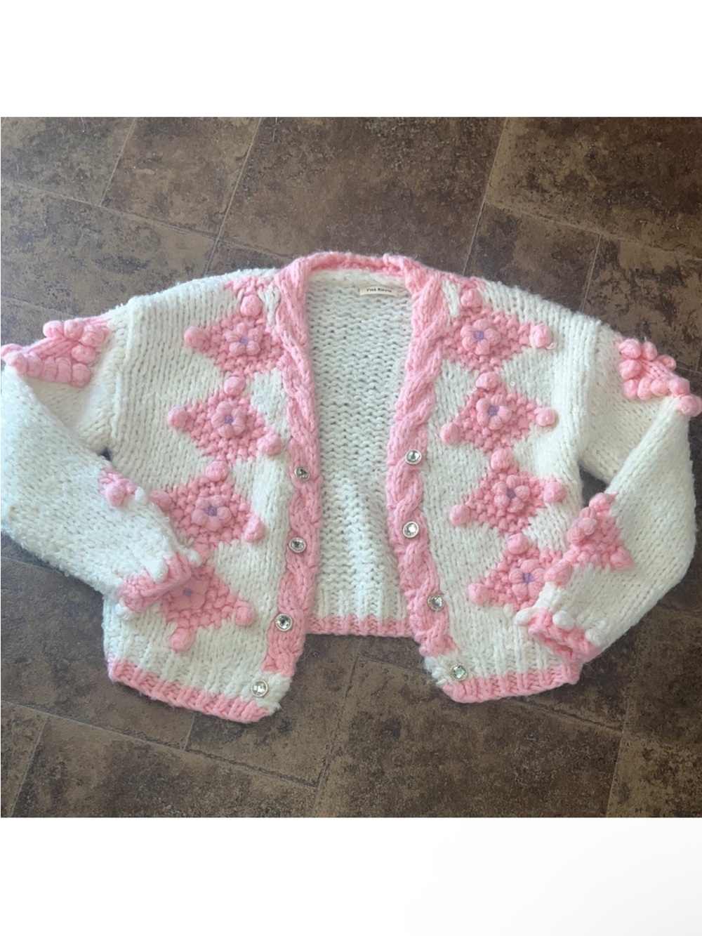Pink Ripple Chunky Knit Pink & White Cardigan Jacket Sz M